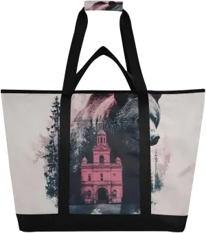Bear Tree Black Large Insulated Tote Bag for Grocery Shopping Reusable Tote Bags for Women Men, Cooler Bag with Zippered Top & Handles for Beach Picnic Travel