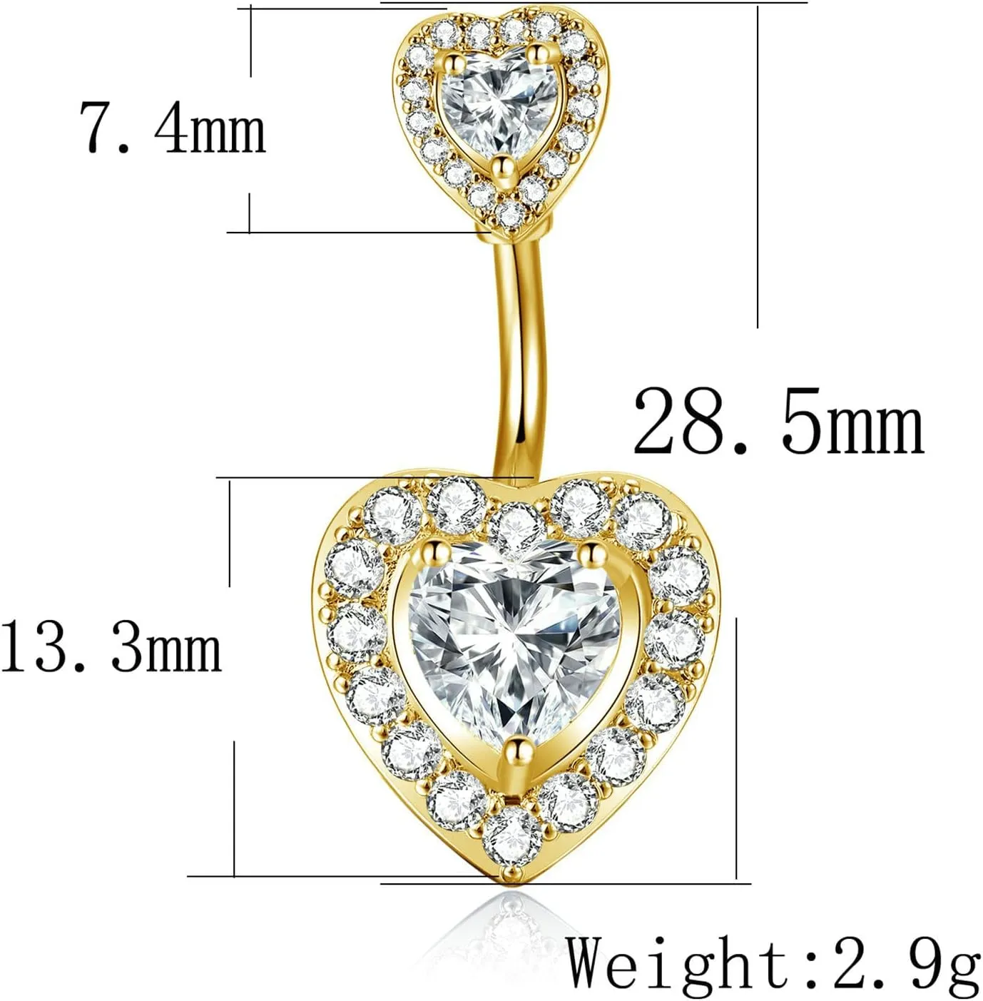 Belly Button Rings, Copper Double Heart with Cubic Zirconia Navel Jewelry, Piercing Body Jewelry for Women