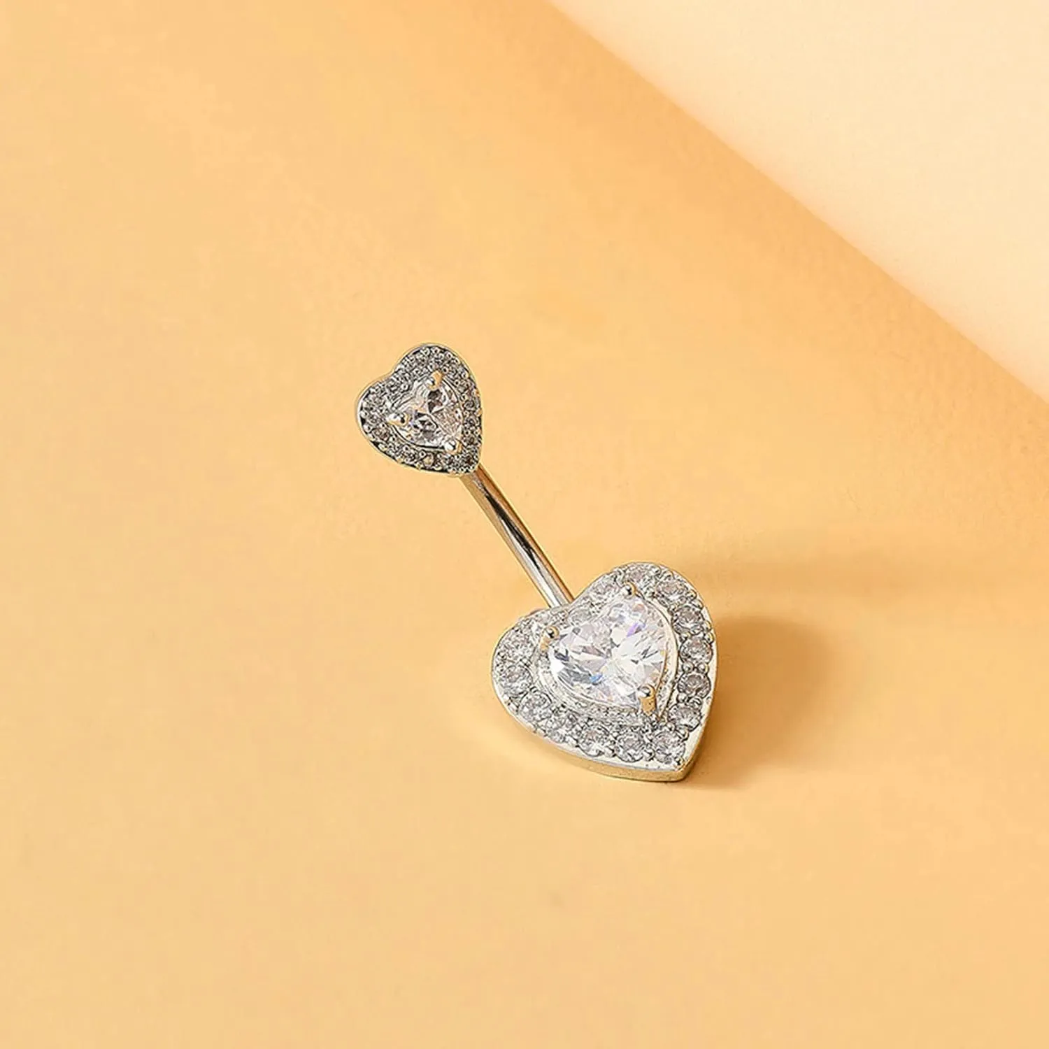 Belly Button Rings, Copper Double Heart with Cubic Zirconia Navel Jewelry, Piercing Body Jewelry for Women