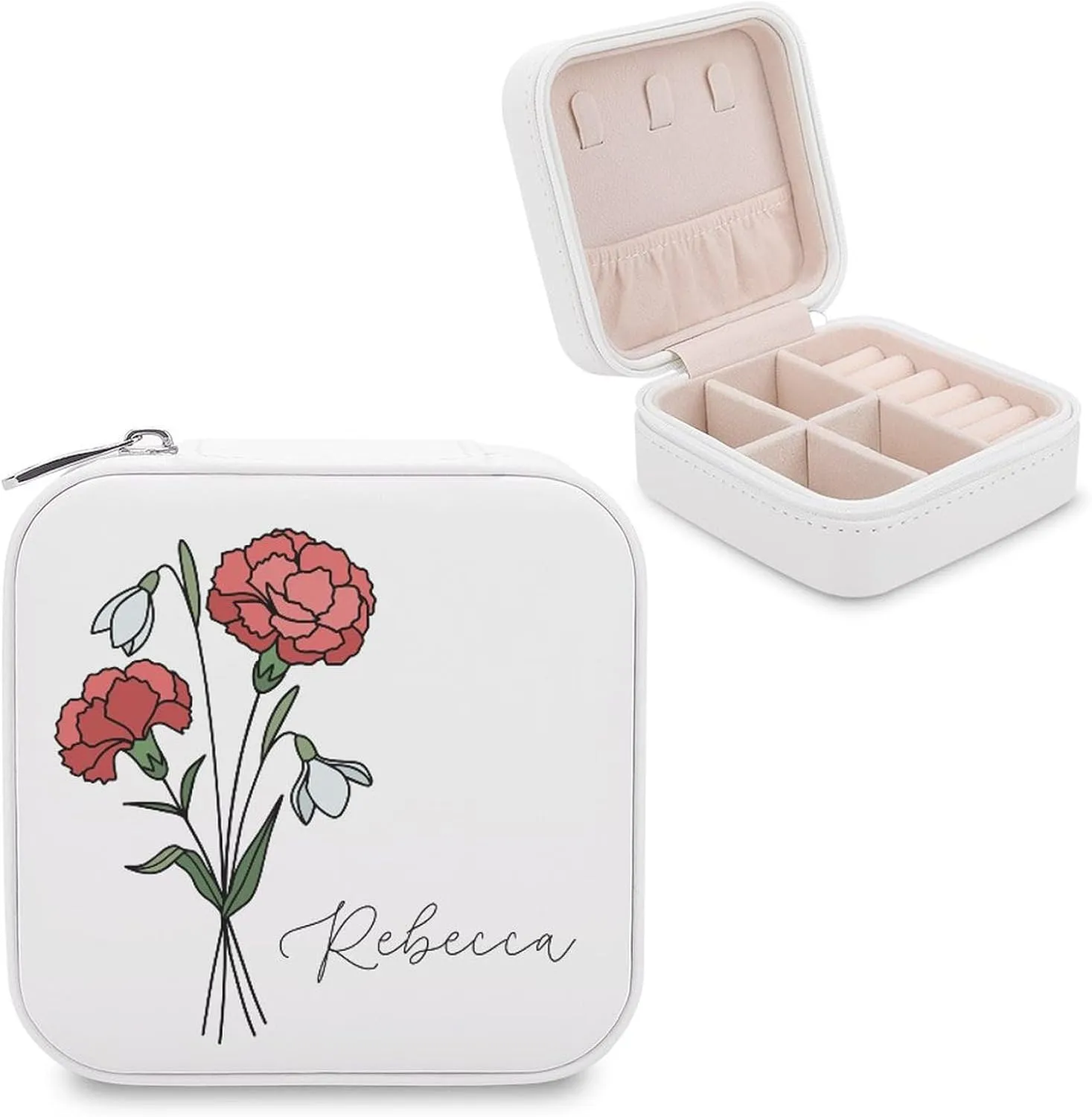 Birth Month Flower Jewelry Case Personalized Birth Flower Travel Box Birthday Gift Custom Jewelry Organizer Necklaces Storage Ring Earring Holder Boxes Jewelry Container with Name Bridesmaid Favors
