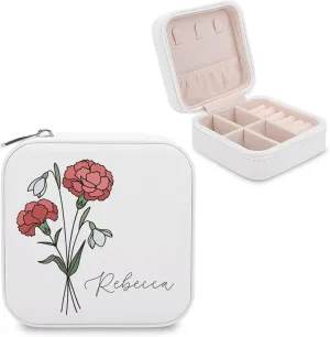 Birth Month Flower Jewelry Case Personalized Birth Flower Travel Box Birthday Gift Custom Jewelry Organizer Necklaces Storage Ring Earring Holder Boxes Jewelry Container with Name Bridesmaid Favors