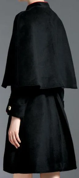 Black Single Breasted Wool Cape-Coat