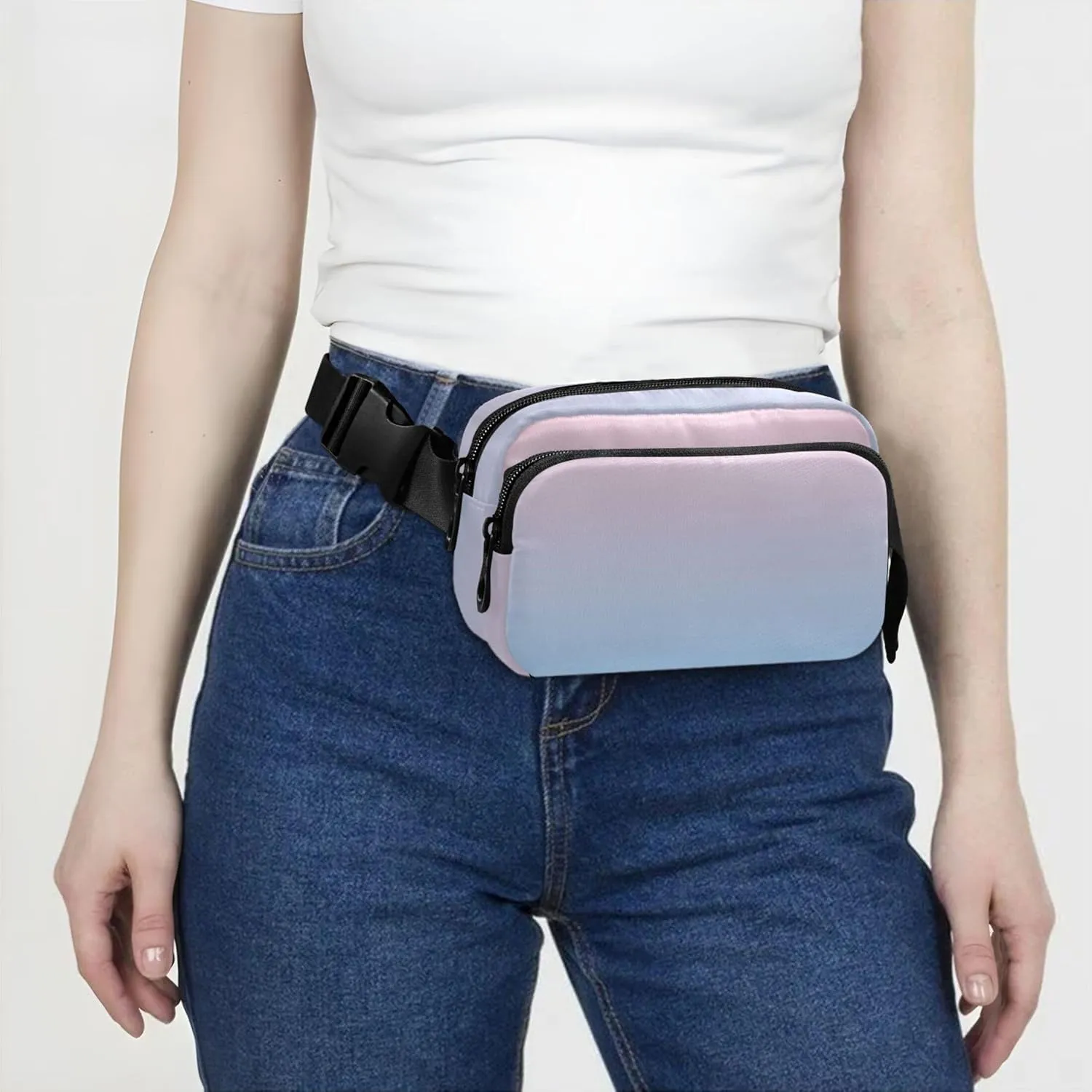 Blush Pink Light Sky Blue Gradient Fanny Packs Women Waterproof Hip Bag Belt Pouch Cute Travel Waist Bag