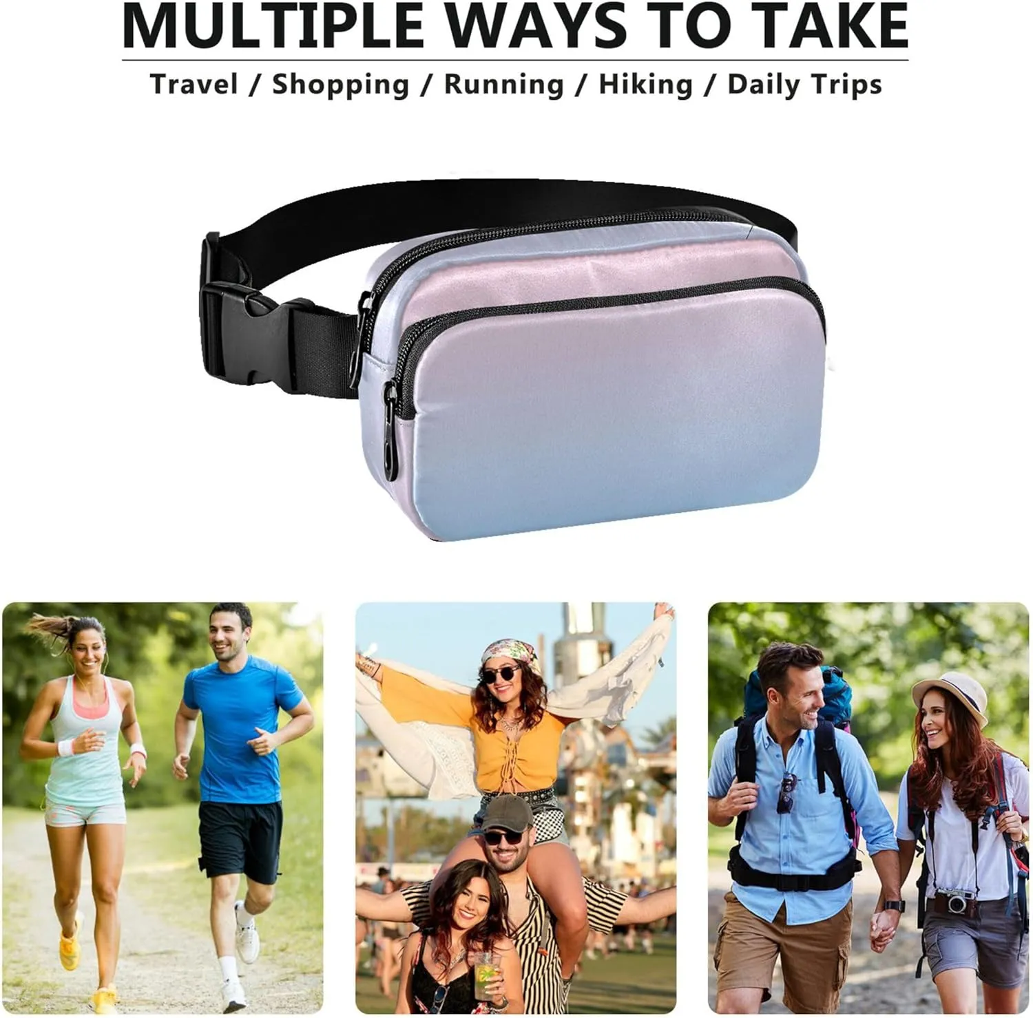 Blush Pink Light Sky Blue Gradient Fanny Packs Women Waterproof Hip Bag Belt Pouch Cute Travel Waist Bag