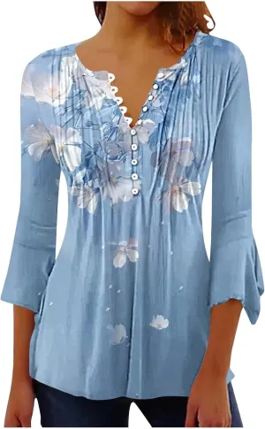 Bohemian Tops for Women Trendy Sexy Elegant T-Shirts Boho Floral Print 3/4 Bell Sleeve v Neck Shirts Blouses