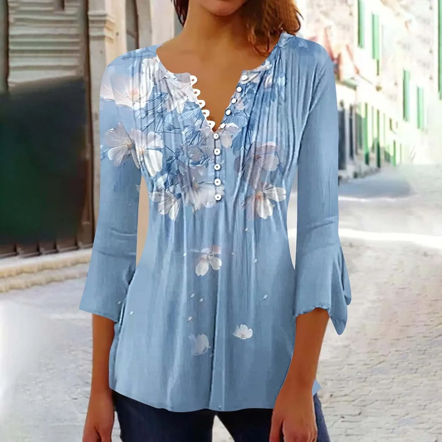 Bohemian Tops for Women Trendy Sexy Elegant T-Shirts Boho Floral Print 3/4 Bell Sleeve v Neck Shirts Blouses