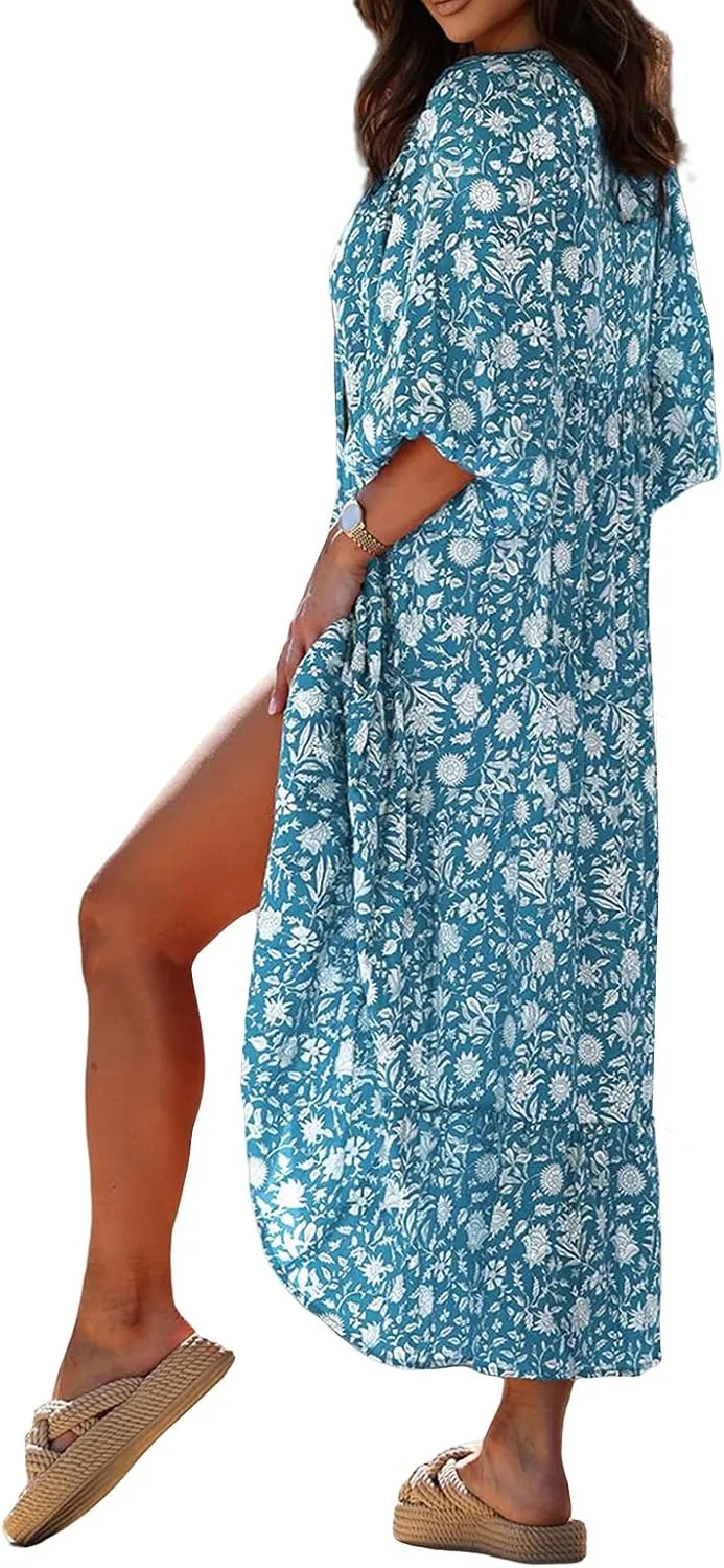Boho Maxi Dresses for Women Fashion Floral V Neck Puff Half Sleeve Sundress Flowy Smocked Vacation Beach Long Dress