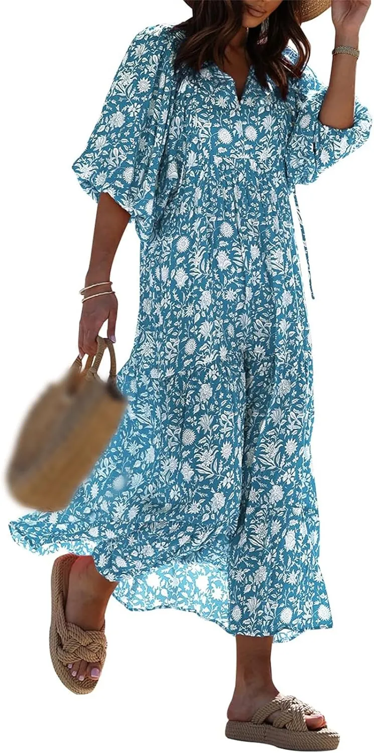 Boho Maxi Dresses for Women Fashion Floral V Neck Puff Half Sleeve Sundress Flowy Smocked Vacation Beach Long Dress