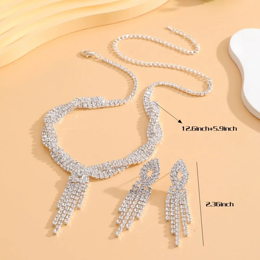 Bridal Jewelry Sets Wedding Necklace Earrings Silver Rhinestone Chain Necklace Bracelet Bridal Jewelry Sets for Women