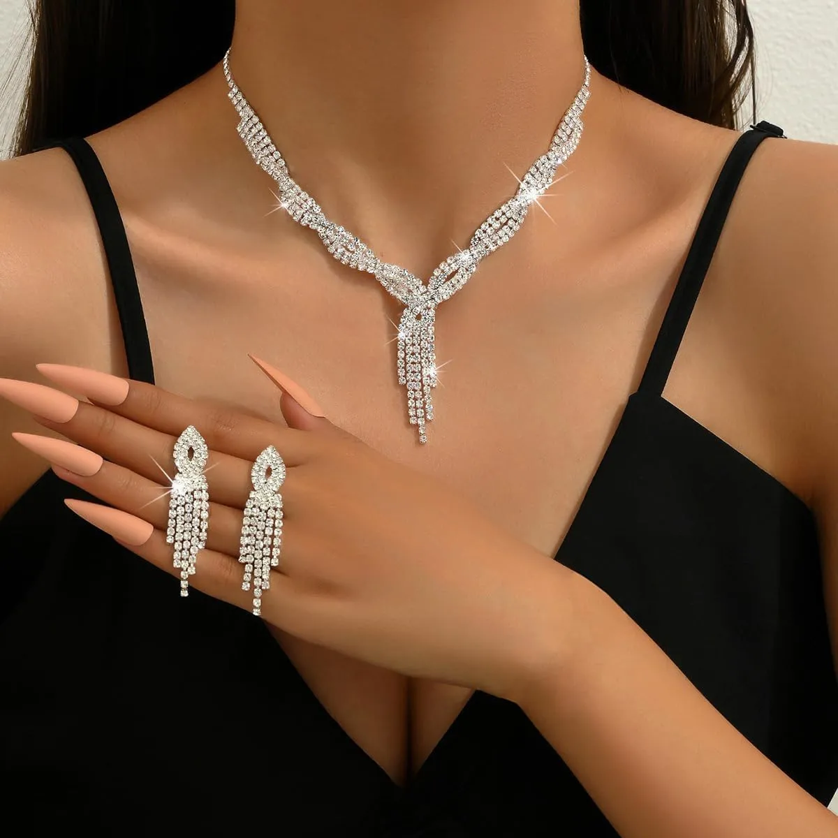 Bridal Jewelry Sets Wedding Necklace Earrings Silver Rhinestone Chain Necklace Bracelet Bridal Jewelry Sets for Women