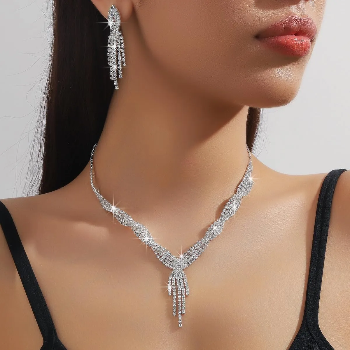 Bridal Jewelry Sets Wedding Necklace Earrings Silver Rhinestone Chain Necklace Bracelet Bridal Jewelry Sets for Women