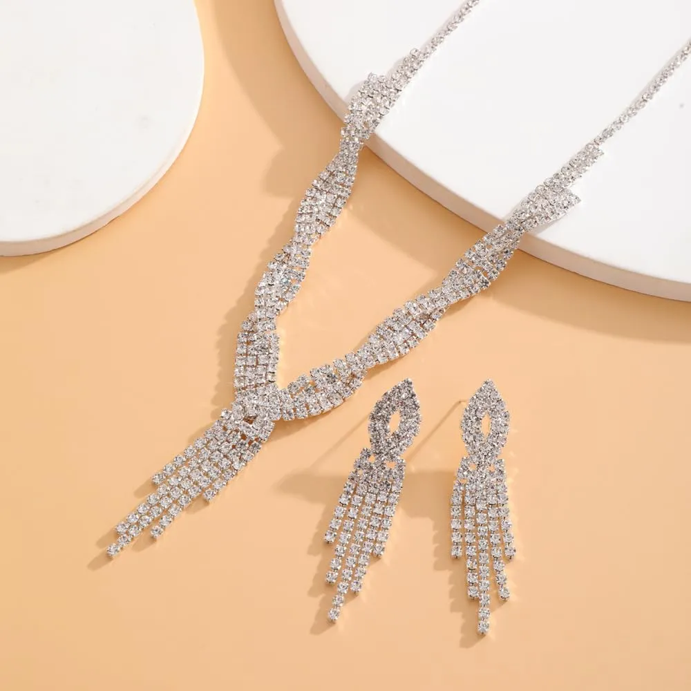 Bridal Jewelry Sets Wedding Necklace Earrings Silver Rhinestone Chain Necklace Bracelet Bridal Jewelry Sets for Women