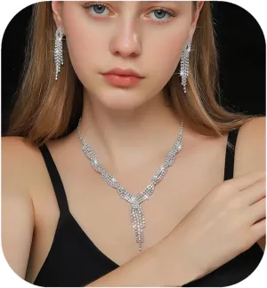 Bridal Jewelry Sets Wedding Necklace Earrings Silver Rhinestone Chain Necklace Bracelet Bridal Jewelry Sets for Women