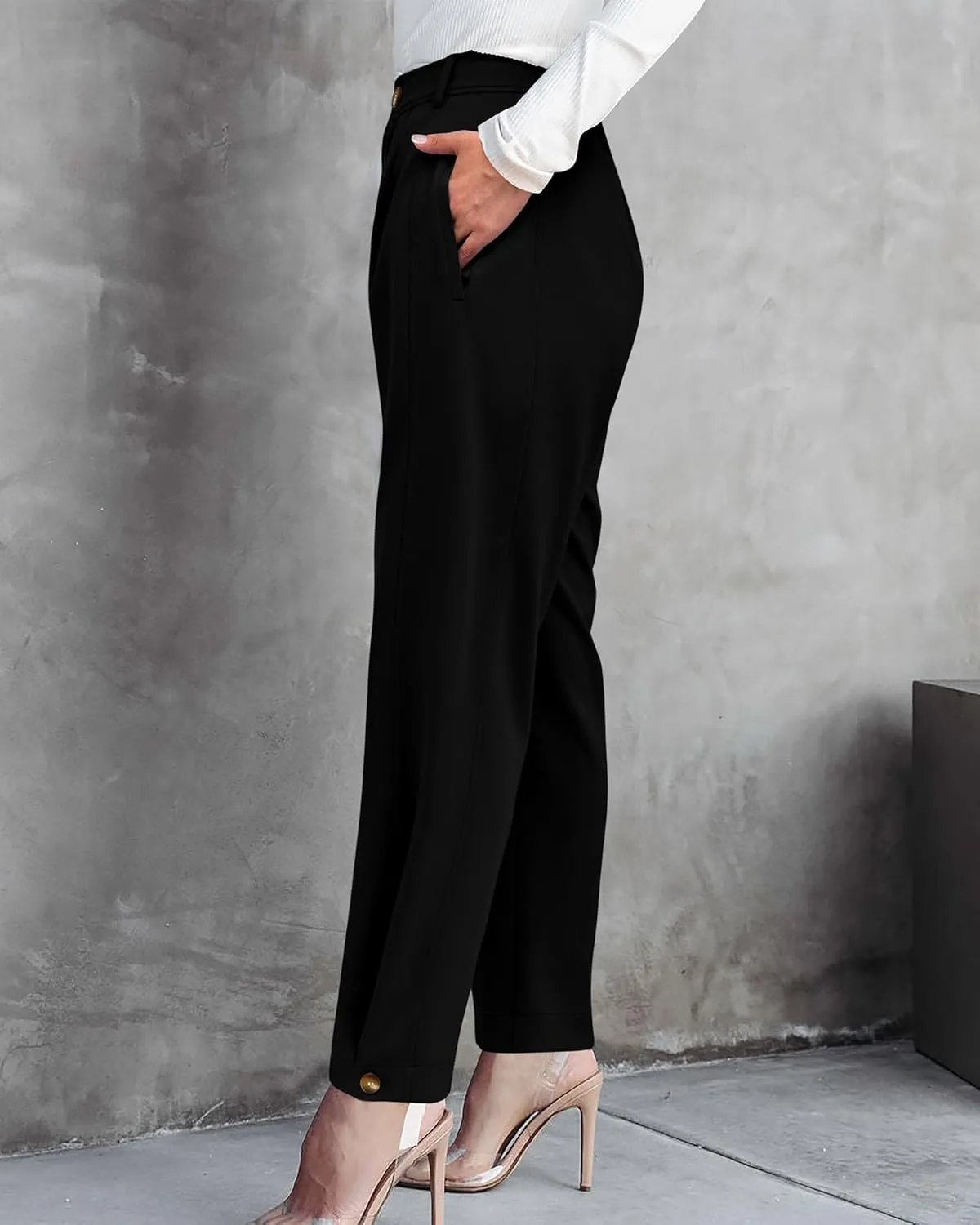 BTFBM Women's 2025 Casual Button Down Pants Elastic High Waist Business Work Trousers Long Straight Slacks with Pockets