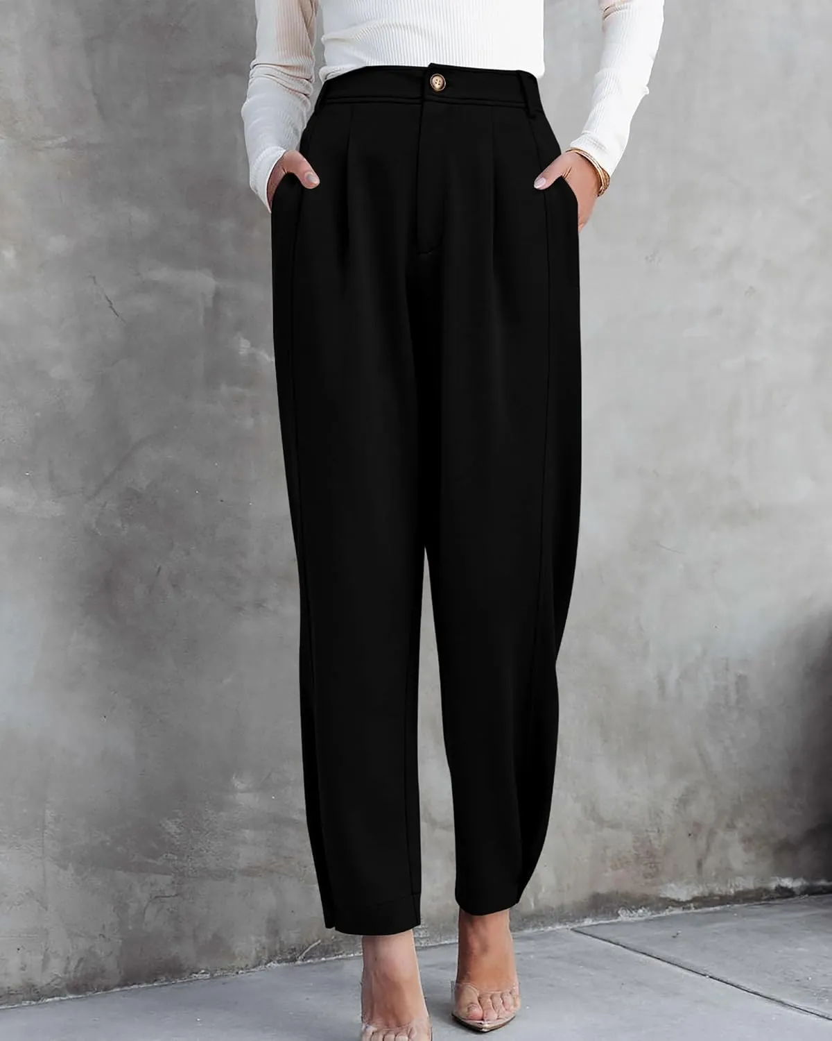 BTFBM Women's 2025 Casual Button Down Pants Elastic High Waist Business Work Trousers Long Straight Slacks with Pockets