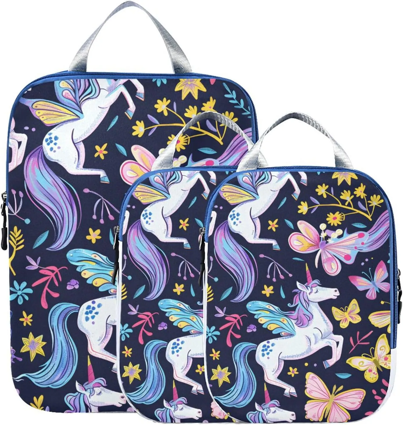 Butterfly Unicorn Blue Compression Packing Cubes for Travel Packing Organizers Backpack 3 Pack Luggage Travel Essentials Carry Must Haves Waterproof Suitcase Storage Bags