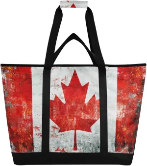 Canadian Flag Retro Large Insulated Tote Bag for Grocery Shopping Reusable Tote Bags for Women Men, Cooler Bag with Zippered Top & Handles for Beach Picnic Travel