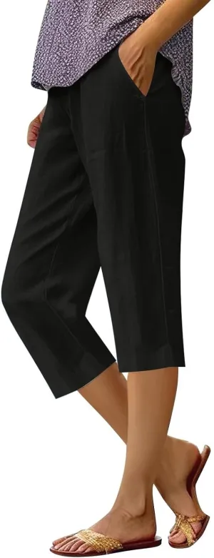 Capri Pants for Women Casual Summer Cotton Linen Pants Capris Elastic High Waist Pants Straight Leg Cropped Trouser