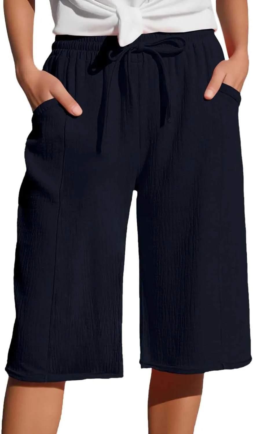 Capri Pants for Women Cotton Casual Summer Capris Drawstring High Waist Pants Wide Straight Leg Cropped Trousers