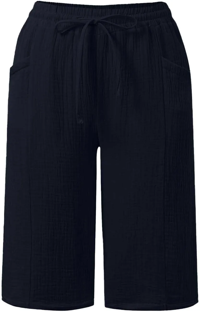Capri Pants for Women Cotton Casual Summer Capris Drawstring High Waist Pants Wide Straight Leg Cropped Trousers