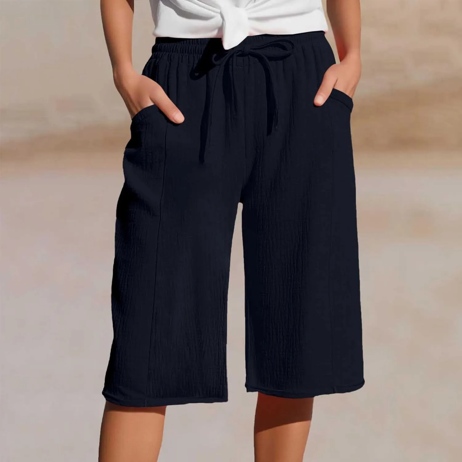Capri Pants for Women Cotton Casual Summer Capris Drawstring High Waist Pants Wide Straight Leg Cropped Trousers