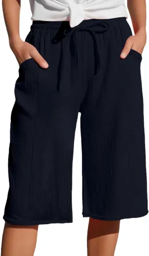 Capri Pants for Women Cotton Casual Summer Capris Drawstring High Waist Pants Wide Straight Leg Cropped Trousers