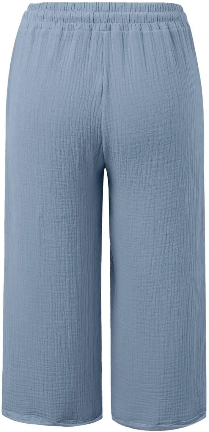 Capri Pants for Women Cotton Casual Summer Capris Drawstring High Waist Pants Wide Straight Leg Cropped Trousers