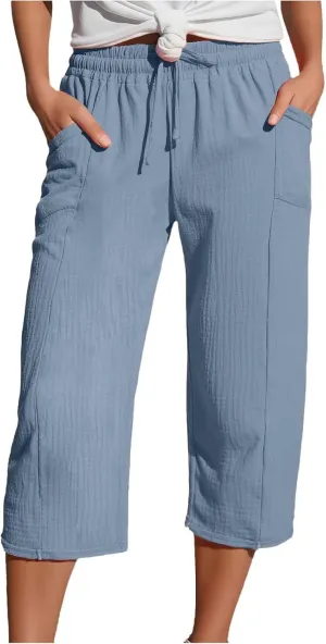 Capri Pants for Women Cotton Casual Summer Capris Drawstring High Waist Pants Wide Straight Leg Cropped Trousers