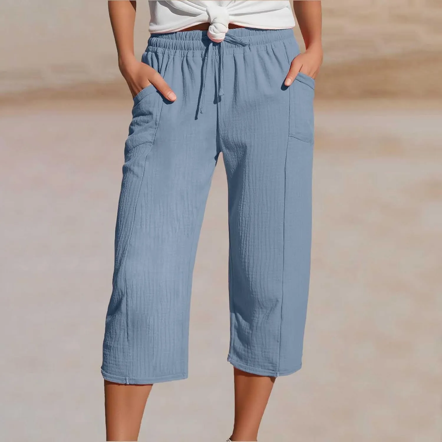Capri Pants for Women Cotton Casual Summer Capris Drawstring High Waist Pants Wide Straight Leg Cropped Trousers
