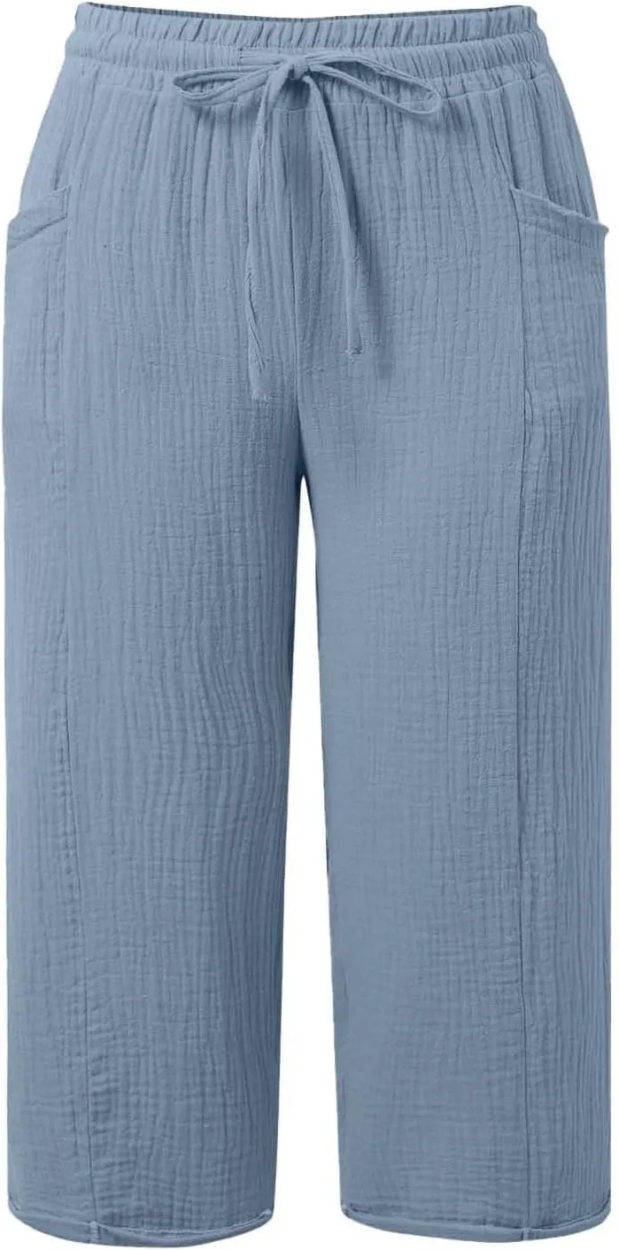 Capri Pants for Women Cotton Casual Summer Capris Drawstring High Waist Pants Wide Straight Leg Cropped Trousers