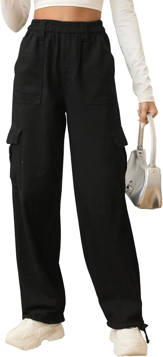 Cargo Pants for Women Stretch High Waisted Pull On Baggy Adjustable Y2K Cargo Pants Elastic Waist Wide Leg Cargo Trousers