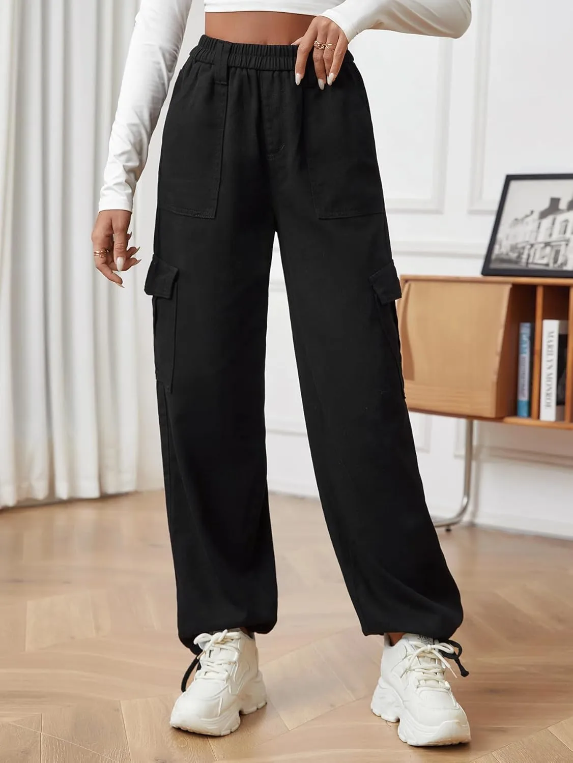 Cargo Pants for Women Stretch High Waisted Pull On Baggy Adjustable Y2K Cargo Pants Elastic Waist Wide Leg Cargo Trousers