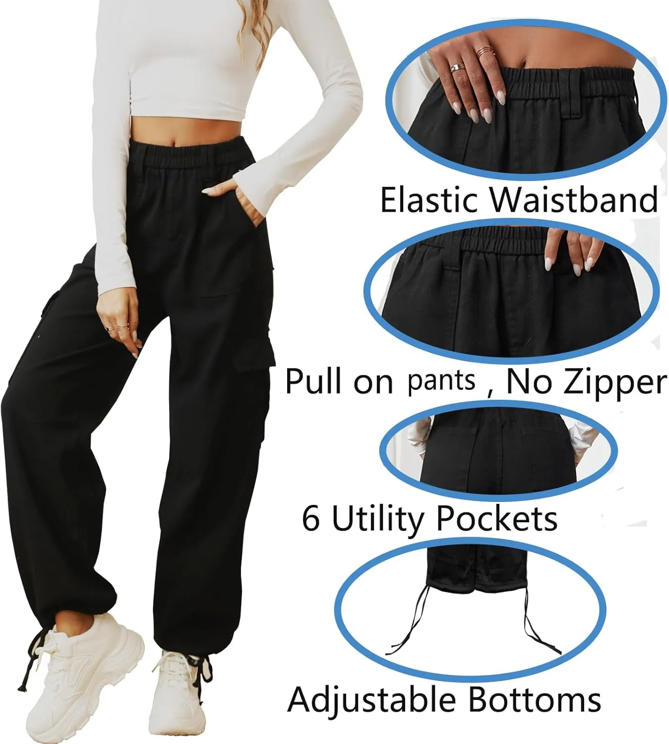 Cargo Pants for Women Stretch High Waisted Pull On Baggy Adjustable Y2K Cargo Pants Elastic Waist Wide Leg Cargo Trousers