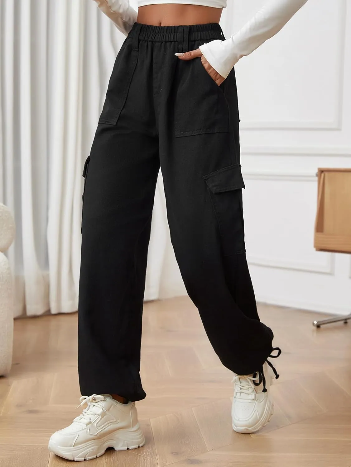 Cargo Pants for Women Stretch High Waisted Pull On Baggy Adjustable Y2K Cargo Pants Elastic Waist Wide Leg Cargo Trousers