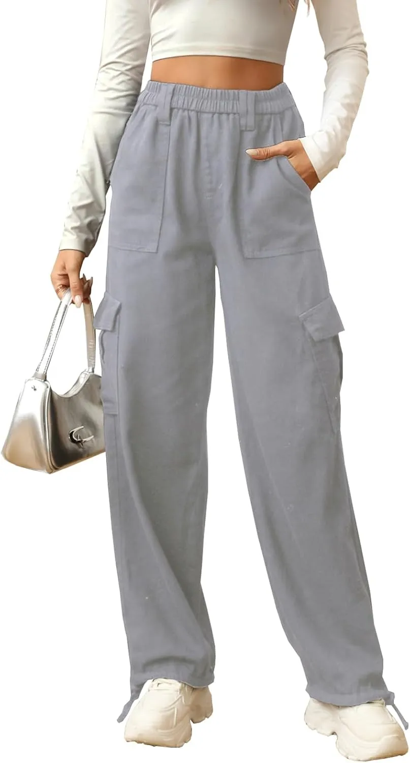 Cargo Pants for Women Stretch High Waisted Pull On Baggy Adjustable Y2K Cargo Pants Elastic Waist Wide Leg Cargo Trousers