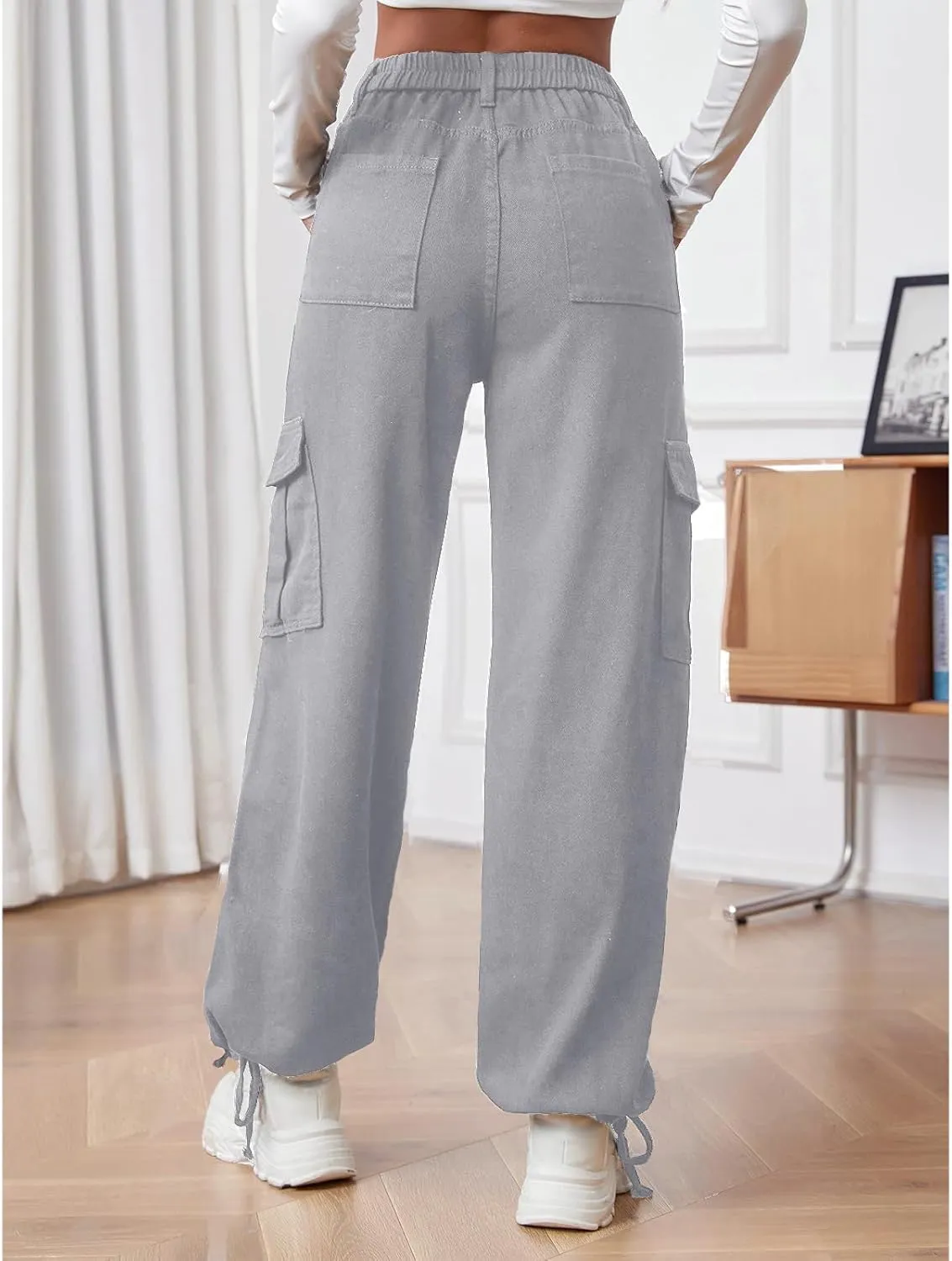 Cargo Pants for Women Stretch High Waisted Pull On Baggy Adjustable Y2K Cargo Pants Elastic Waist Wide Leg Cargo Trousers