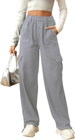 Cargo Pants for Women Stretch High Waisted Pull On Baggy Adjustable Y2K Cargo Pants Elastic Waist Wide Leg Cargo Trousers