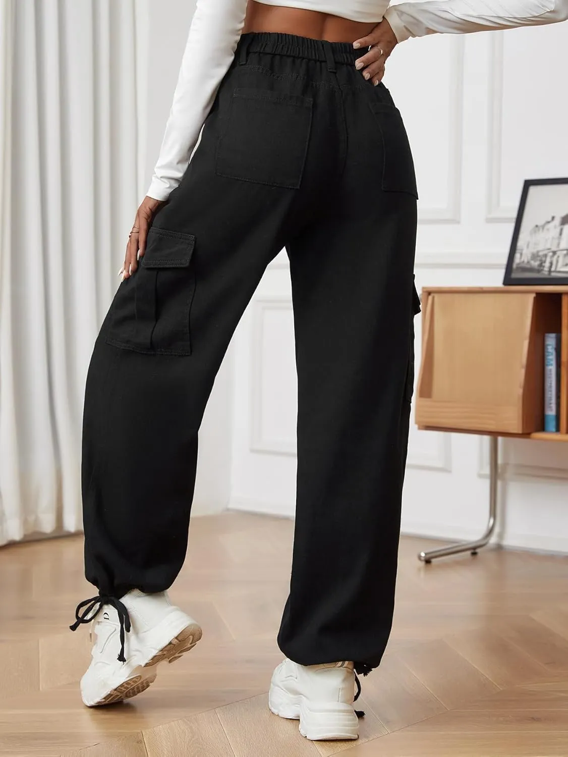 Cargo Pants for Women Stretch High Waisted Pull On Baggy Adjustable Y2K Cargo Pants Elastic Waist Wide Leg Cargo Trousers