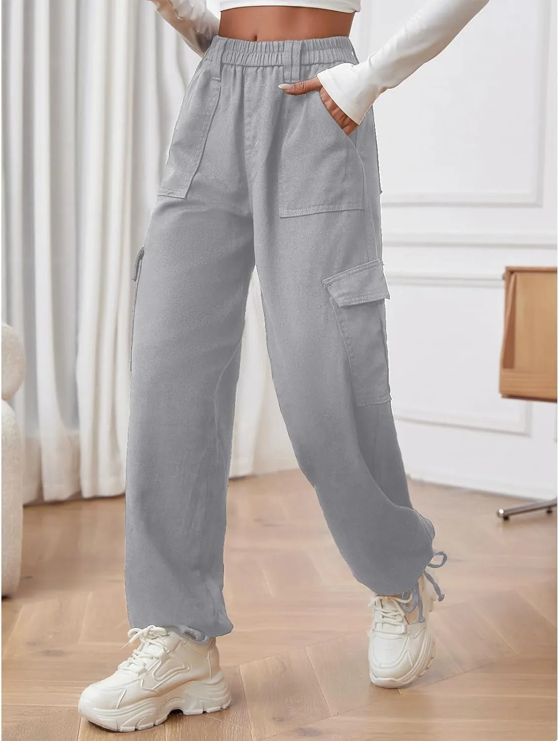 Cargo Pants for Women Stretch High Waisted Pull On Baggy Adjustable Y2K Cargo Pants Elastic Waist Wide Leg Cargo Trousers