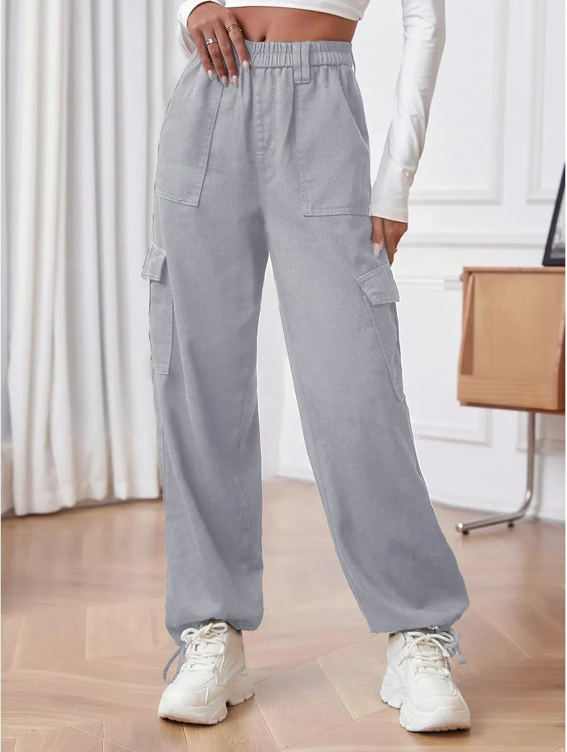 Cargo Pants for Women Stretch High Waisted Pull On Baggy Adjustable Y2K Cargo Pants Elastic Waist Wide Leg Cargo Trousers