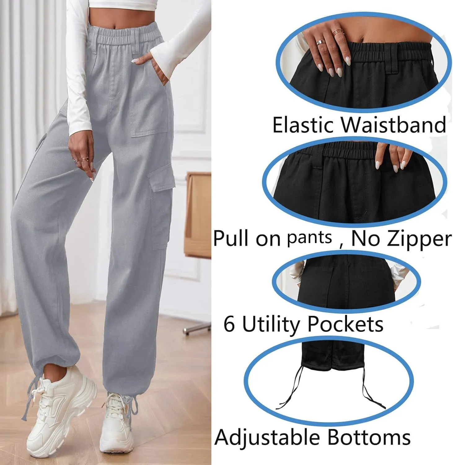 Cargo Pants for Women Stretch High Waisted Pull On Baggy Adjustable Y2K Cargo Pants Elastic Waist Wide Leg Cargo Trousers