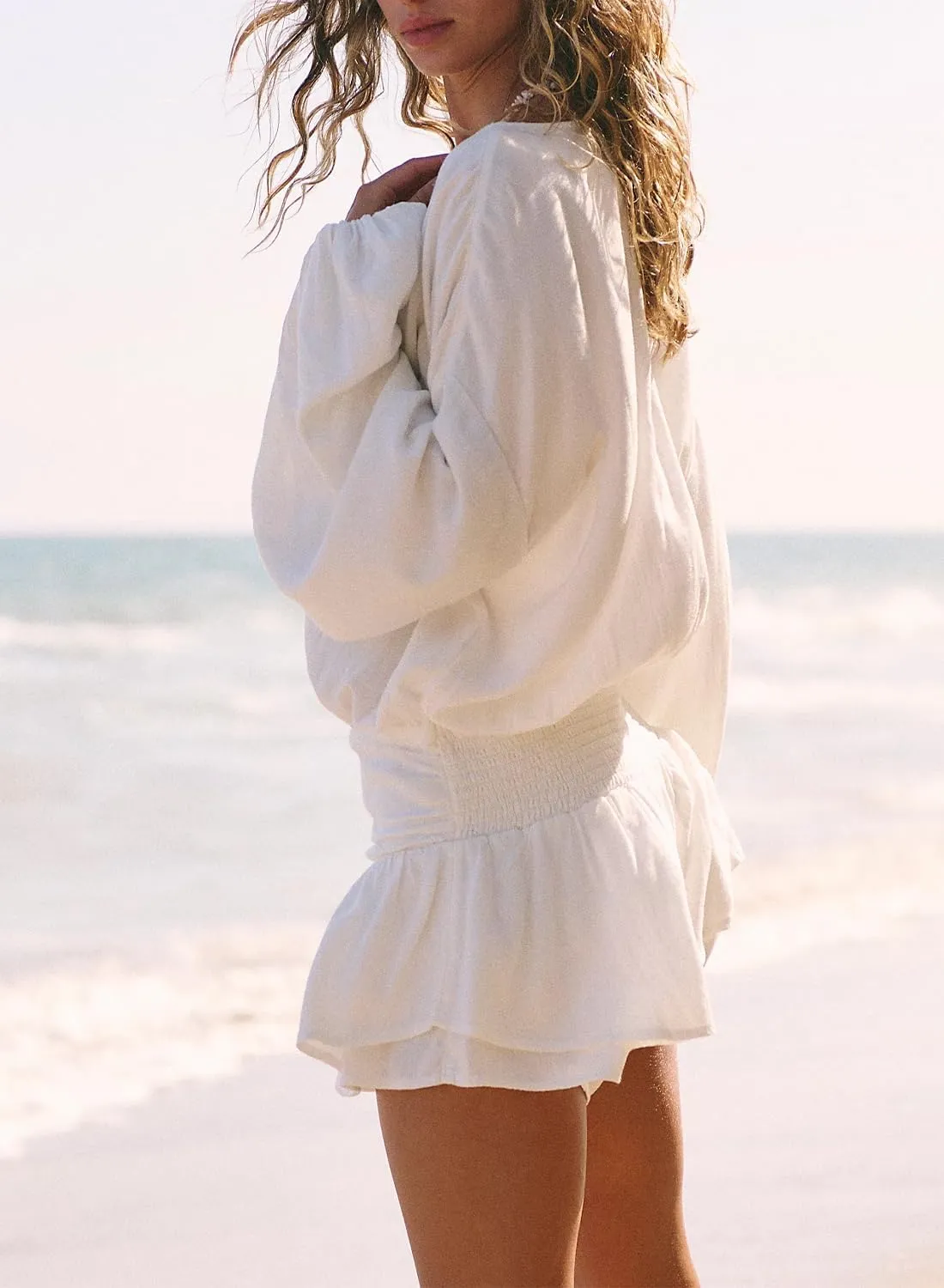 Casual Rompers for Women Button Down Jumpsuit V Neck Solid Long Sleeve Drop Waist Short Romper