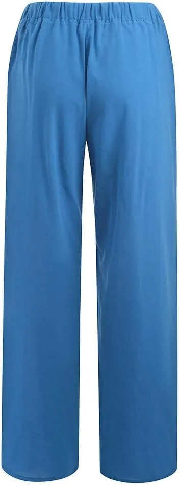 Ceboyel Womens Wide Leg Palazzo Pants Drawstring Cotton Linen Pants Elastic High Waist Lounge Trousers Boho Summer Outfits