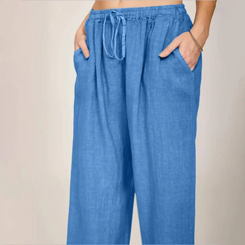 Ceboyel Womens Wide Leg Palazzo Pants Drawstring Cotton Linen Pants Elastic High Waist Lounge Trousers Boho Summer Outfits