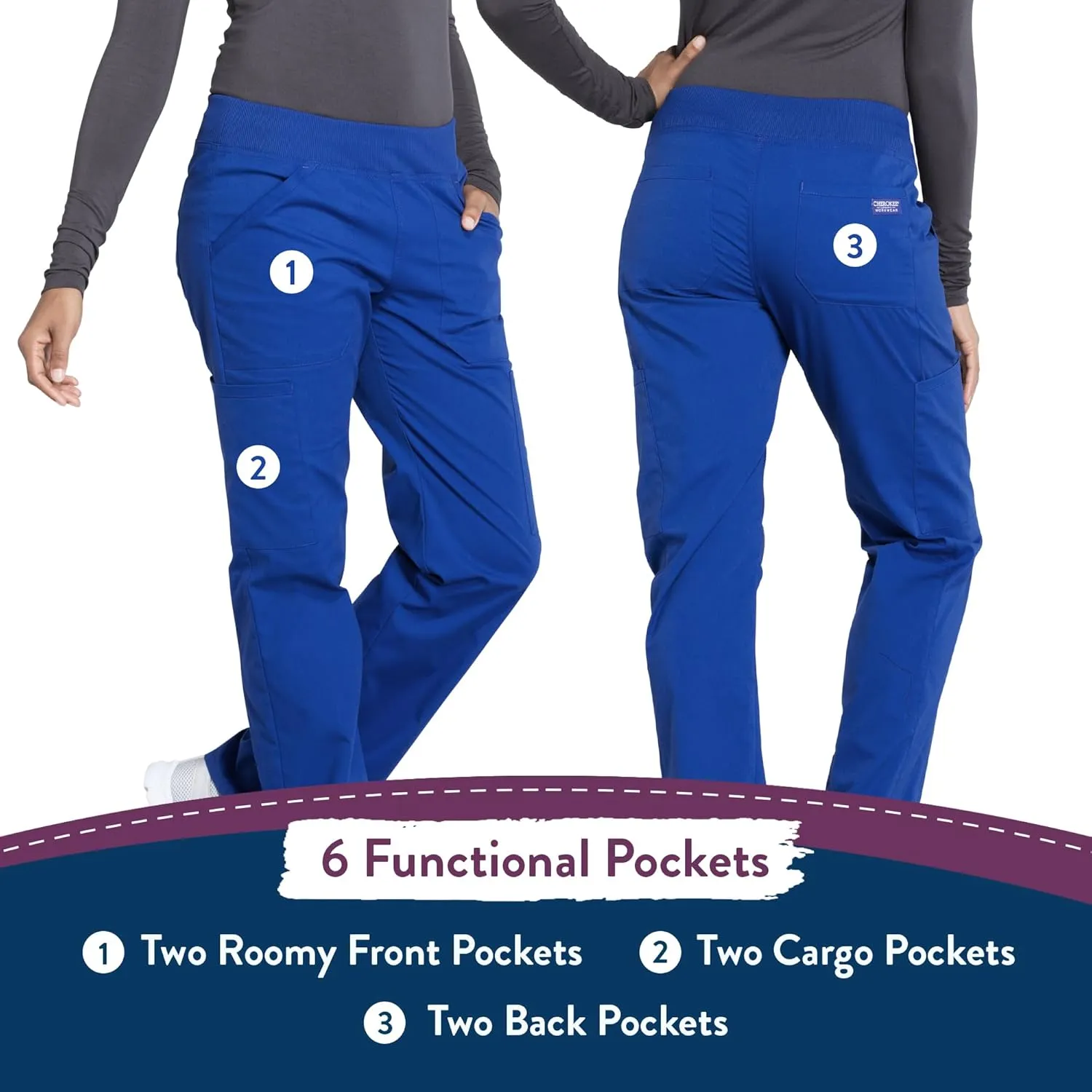 Cherokee Women's Scrub Pants Mid Rise Straight Leg Pull-on Cargo Pant with 6 Pockets & 2-Way Stretch Fabric - WW170