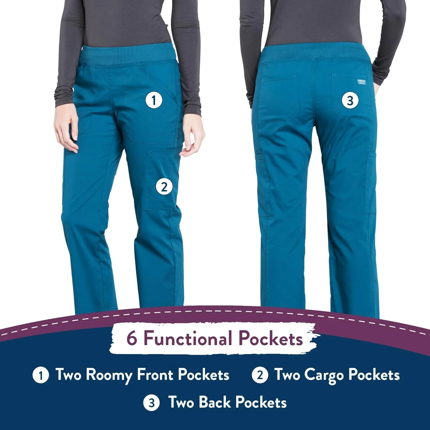 Cherokee Women's Scrub Pants Mid Rise Straight Leg Pull-on Cargo Pant with 6 Pockets & 2-Way Stretch Fabric - WW170