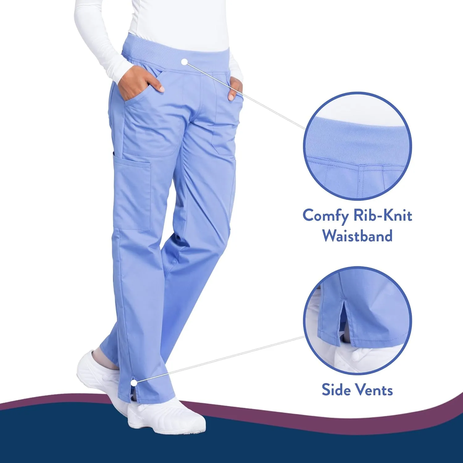 Cherokee Women's Scrub Pants Mid Rise Straight Leg Pull-on Cargo Pant with 6 Pockets & 2-Way Stretch Fabric - WW170
