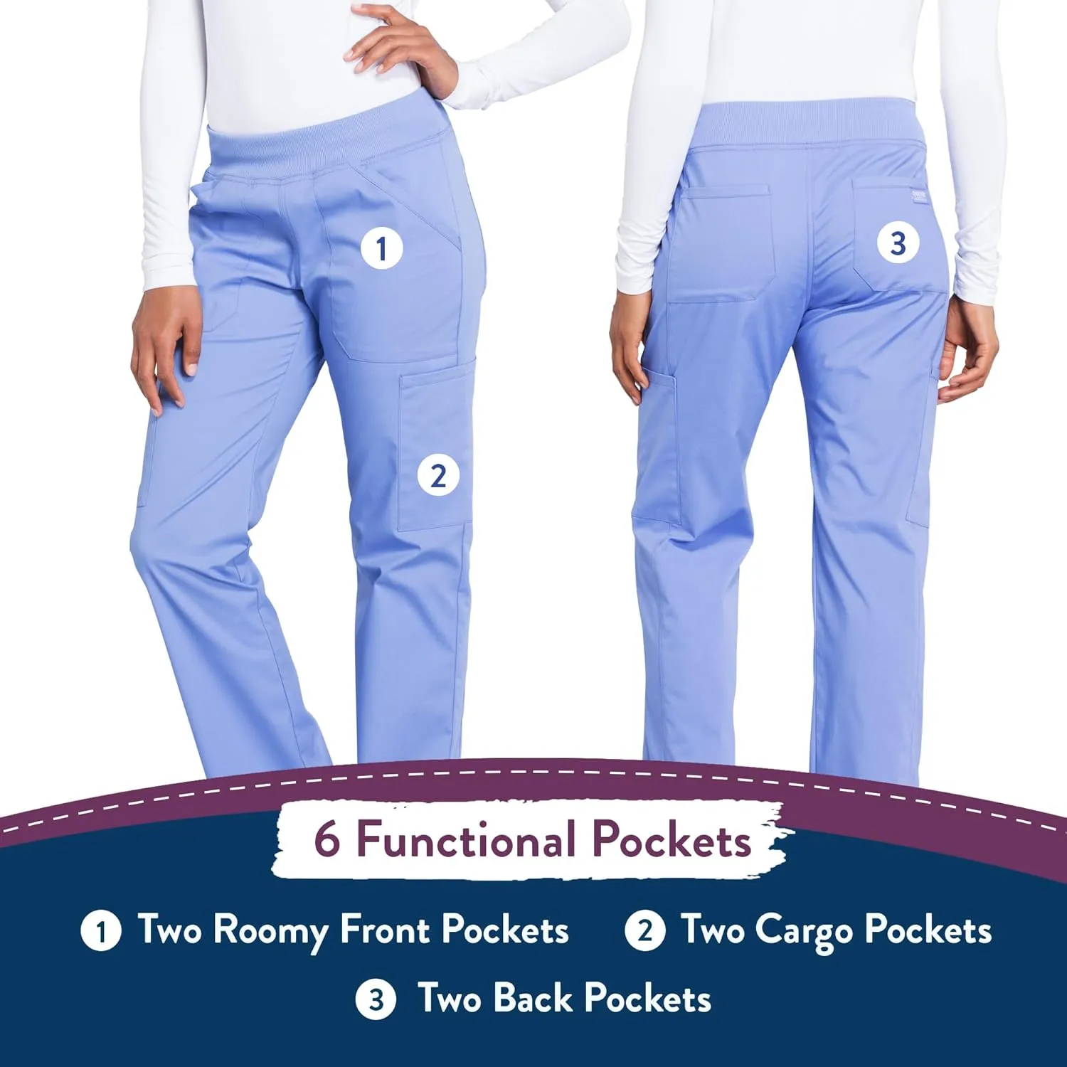 Cherokee Women's Scrub Pants Mid Rise Straight Leg Pull-on Cargo Pant with 6 Pockets & 2-Way Stretch Fabric - WW170