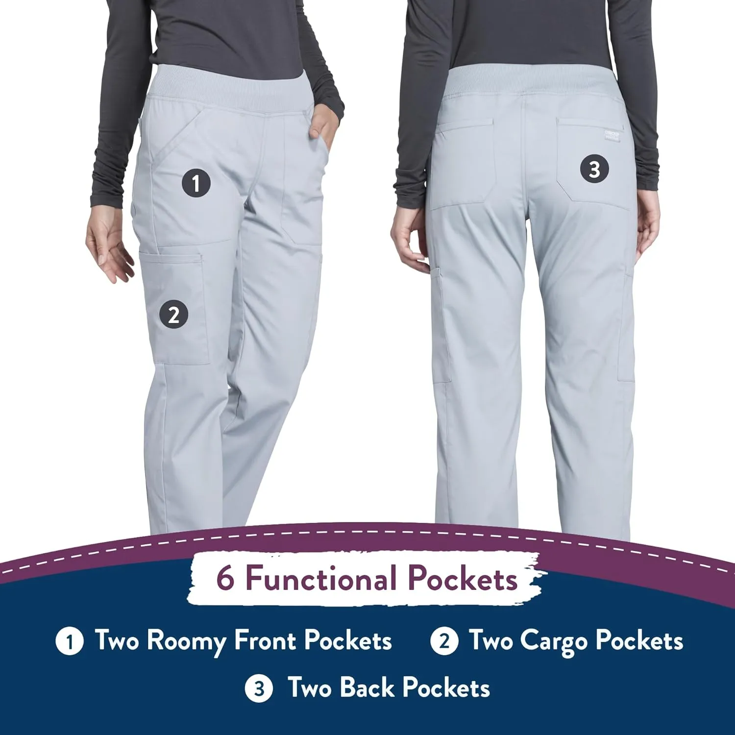 Cherokee Women's Scrub Pants Mid Rise Straight Leg Pull-on Cargo Pant with 6 Pockets & 2-Way Stretch Fabric - WW170