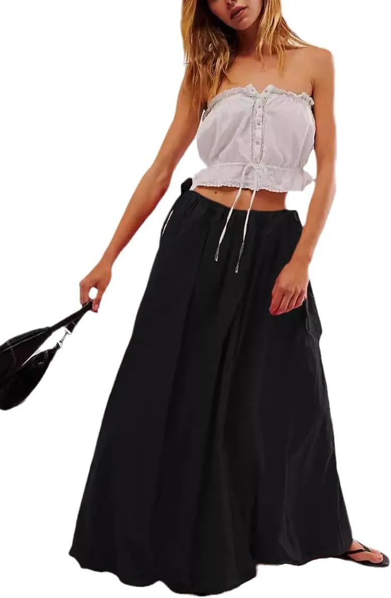 chouyatou Women's Bow Knot Maxi Bubble Skirt Y2K A-Line Long Balloon Skirt with Pockets